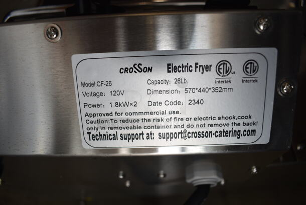 BRAND NEW SCRATCH AND DENT! 2023 Crosson CF-26 Stainless Steel Commercial Countertop Electric Powered 2 Bay Fryer w/ 2 Metal Fry Baskets. 120 Volts, 1 Phase. - Image 7 of 8