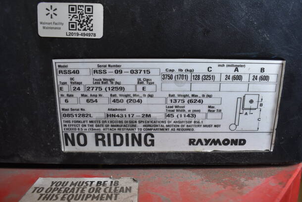 Raymond RSS40 Metal Commercial 6750 Pound Capacity Walkie Straddle Stacker Truck. 85x48x82 - Image 4 of 9