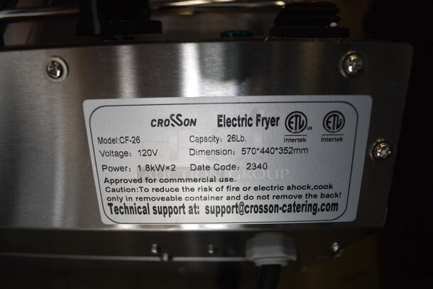 BRAND NEW SCRATCH AND DENT! 2023 Crosson CF-26 Stainless Steel Commercial Countertop Electric Powered 2 Bay Fryer w/ 2 Metal Fry Baskets. 120 Volts, 1 Phase. - Image 8 of 8