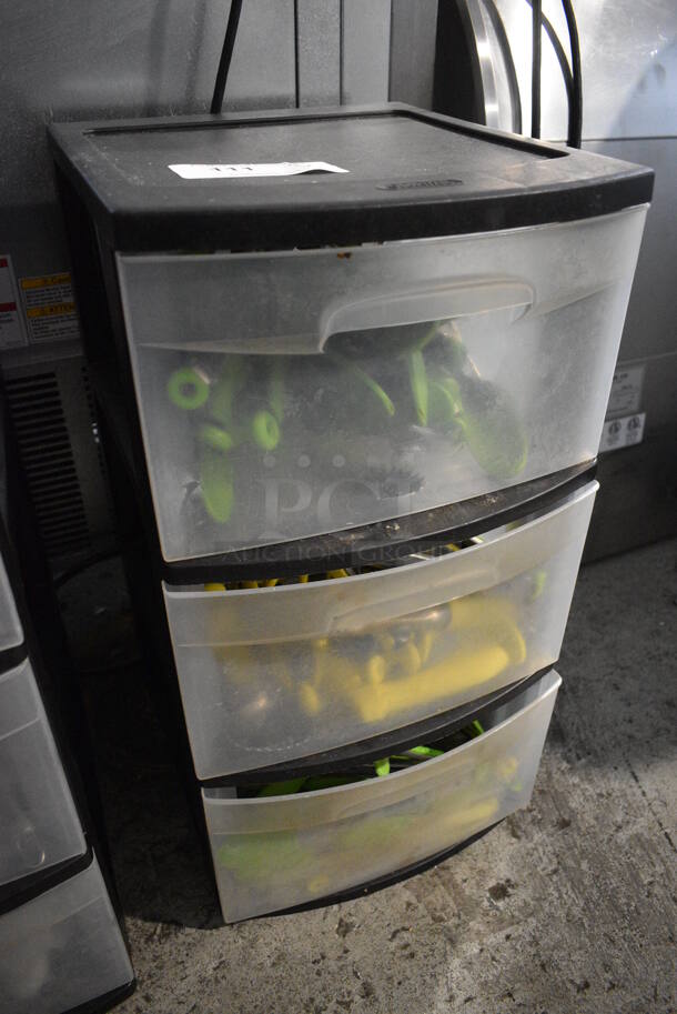 ALL ONE MONEY! Lot of Clear and Black Poly 3 Drawer Cabinet w/ Contents Including Tongs - Image 3 of 6