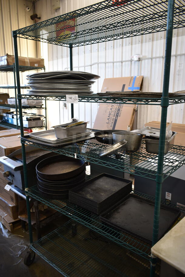 ALL ONE MONEY! Lot of 3 Tiers of Various Items Including Metal Baking Pans. Does Not Include Shelving Unit. - Image 1 of 4