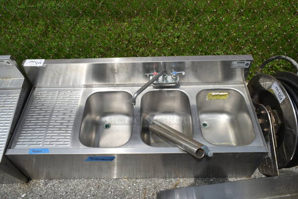 Krowne KR18-43R Stainless Steel 3 Bay Sink w/ Left Side Drain Board, Faucet, Handles and 2 Legs. Bays 10x9 - Image 1 of 4