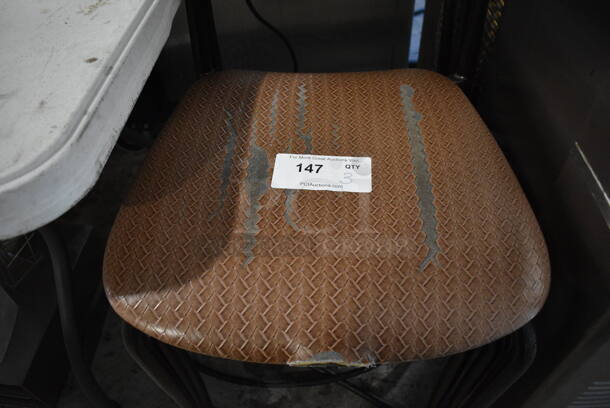 3 Dark Wood Pattern Dining Chairs w/ Woven Brown Seat Cushion. 17x18x32. 3 Times Your Bid! - Image 3 of 4