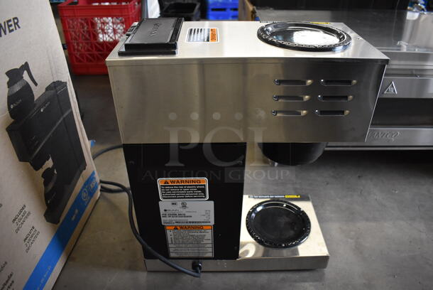 BRAND NEW IN BOX! 2022 Bunn VPR Stainless Steel Commercial Countertop 2 Burner Coffee Machine w/ 2 Coffee Pots and Poly Brew Basket. 120 Volts, 1 Phase. 16x8.5x20 - Image 7 of 12