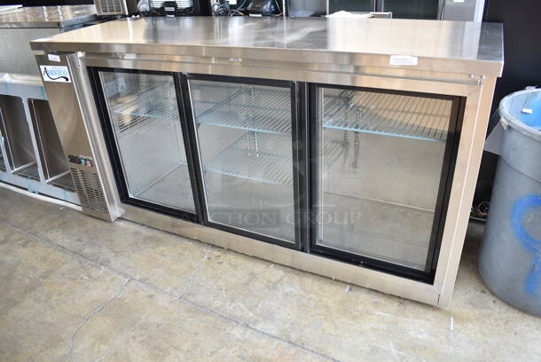 BRAND NEW SCRATCH AND DENT! Avantco 178UBB72SHCS Stainless Steel Commercial Counter Height Narrow 3 Door Sliding Glass Door Back Bar Refrigerator Merchandiser with LED Lighting. 115 Volts, 1 Phase. Tested and Powers On But Does Not Get Cold
 - Image 2 of 7