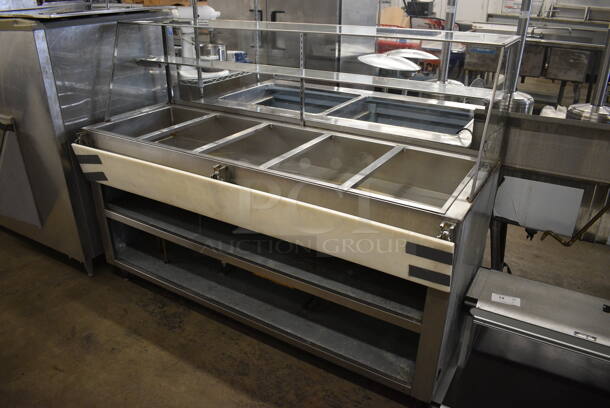 Stainless Steel Commercial Natural Gas Powered Steam Table w/ Sneeze Guard, Cutting Board and 2 Undershelves. See Pictures For Cracks In Glass. 72x27x54