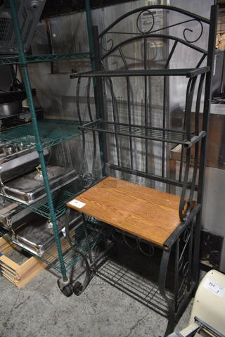 Black Metal Display Unit w/ Wood Pattern Countertop. 