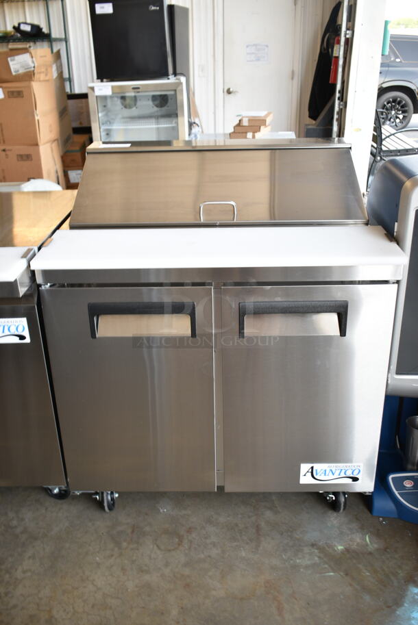 BRAND NEW SCRATCH AND DENT! 2023 Avantco 178APT36HC Stainless Steel Commercial Sandwich Salad Prep Table Bain Marie Mega Top on Commercial Casters. 115 Volts, 1 Phase. Tested and Working! - Image 3 of 9