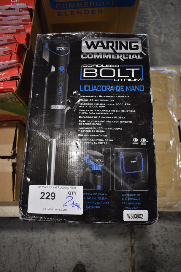 2 BRAND NEW IN BOX! Waring WSB38X2 Commercial Cordless Bolt Lithium Immersion Blender w/ Bag. 2 Times Your Bid!