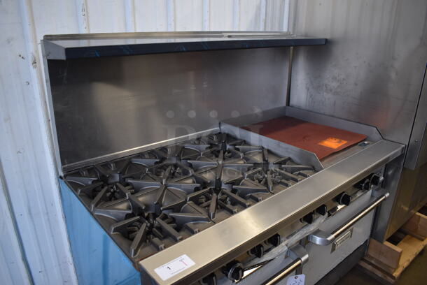 BRAND NEW SCRATCH AND DENT! Garland G60-6G24RR Stainless Steel Commercial Natural Gas Powered 6 Burner Range w/ Right Side Flat Top Griddle, 2 Ovens, Over Shelf and Back Splash. Missing 1 Leg and 1 Leg Is Bent. 310,000 BTU. 59x34x59. Tested and Working! - Image 6 of 11