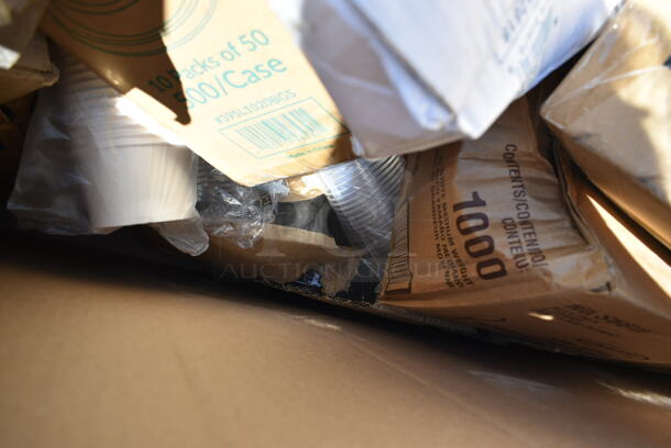 PALLET LOT of 18 BRAND NEW Boxes Including 433B1BGC Choice 1 lb. Natural Kraft Paper Bag - 500/Case, TS12CCRD, 760FFMEDSQWH Choice 5.5 oz. Medium White Paper Scoop / Tray - 1000/Case, Dart S6BWB Spoons, 600LEGALV451 Regency Legs. 18 Times Your Bid!  - Image 10 of 12
