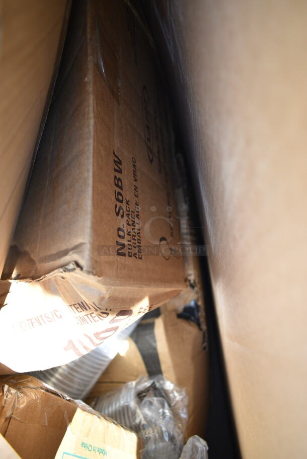 PALLET LOT of 18 BRAND NEW Boxes Including 433B1BGC Choice 1 lb. Natural Kraft Paper Bag - 500/Case, TS12CCRD, 760FFMEDSQWH Choice 5.5 oz. Medium White Paper Scoop / Tray - 1000/Case, Dart S6BWB Spoons, 600LEGALV451 Regency Legs. 18 Times Your Bid!  - Image 11 of 12