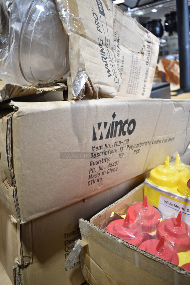 PALLET LOT OF 16 Various BRAND NEW Items/Boxes Including Gray Poly Trash Can, Poly Condiment Bottles, Winco Poly Ladles, Winco GHC-1848 Overhead Glass Rack, Waring CR25 Cork Remover, Roaster Pan, Drop In Bin Lids. 16 Times Your Bid! - Image 6 of 12