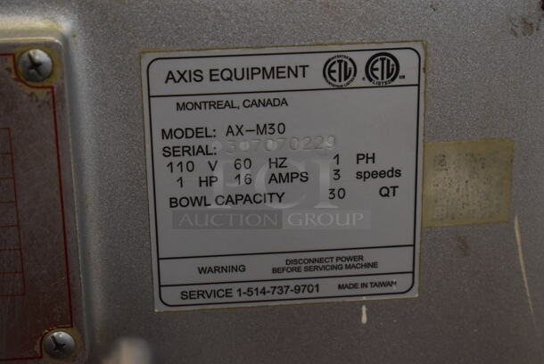 Axis AX-M30 Metal Commercial Floor Style 30 Quart Planetary Dough Mixer w/ Stainless Steel Mixing Bowl, Bowl Guard and Dough Hook Attachment. 110 Volts, 1 Phase. 22x25x44. Tested and Does Not Power On - Image 4 of 9