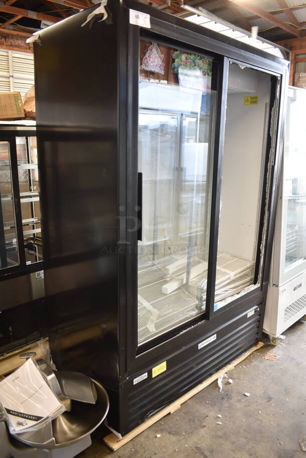 BRAND NEW SCRATCH AND DENT! 2024 Beverage Air MT53-1-SD Metal Commercial 2 Door Reach In Cooler Merchandiser w/ Poly Coated Racks. See Pictures for Broken Glass on Right Door. 115 Volts, 1 Phase. Tested and Seems To Be Working But Cannot Temp Due To Broken Door
 - Image 3 of 7