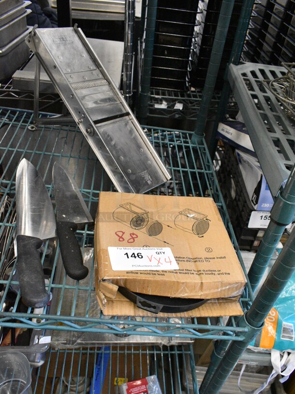 4 Various Items Including Mandolin Silcer, 2 Knives and Box of Discs. 4 Times Your Bid!  - Image 1 of 8