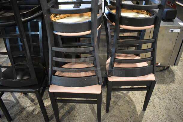 4 Wood Pattern Black Dining Chairs w/ Pink Seat Cushion. 17x17x34. 4 Times Your Bid! - Image 5 of 5