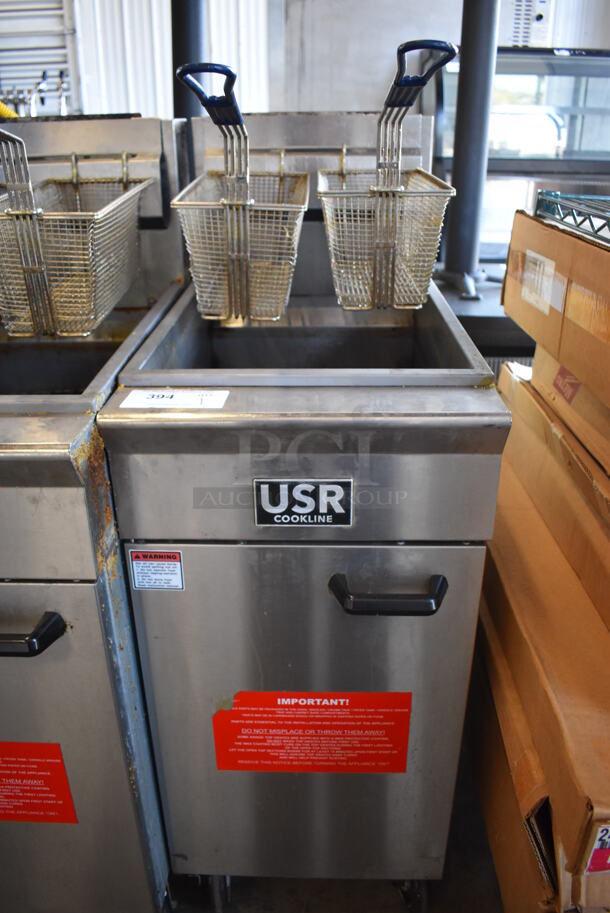 2019 USR Cookline CF-40 Stainless Steel Commercial Floor Style Natural Gas Powered Deep Fat Fryer w/ 2 Metal Fry Baskets on Commercial Casters. 90,000 BTU. 16x30x45 - Image 2 of 10