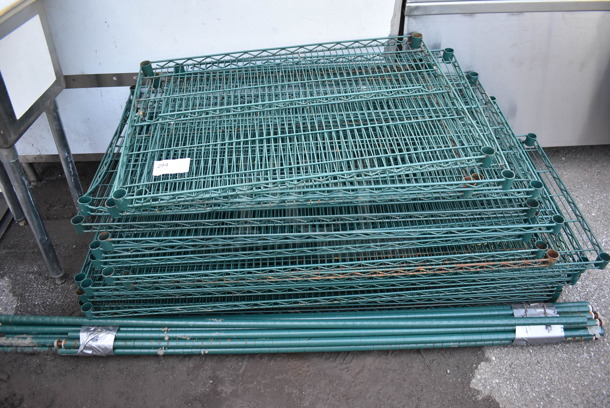 ALL ONE MONEY! Lot of 18 Green Finish Wire Shelves w/ 14 Green Finish Poles. Includes 24x36x1.5 - Image 5 of 5