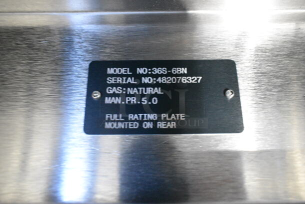 BRAND NEW SCRATCH AND DENT! Vulcan 36S-6BN Stainless Steel Commercial Floor Style Natural Gas Powered Range w/ Oven, Over Shelf and Back Splash. 215,000 BTU - Image 6 of 9
