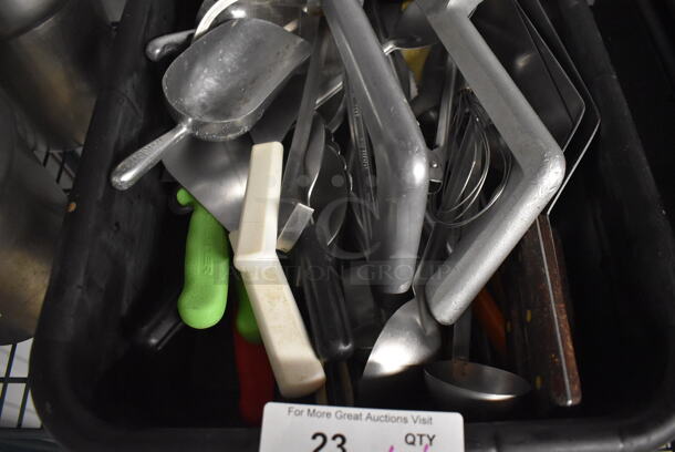 ALL ONE MONEY! Lot of Various Poly Utensils Including Scraper and Spatulas in Black Poly Bus Bin - Image 3 of 5