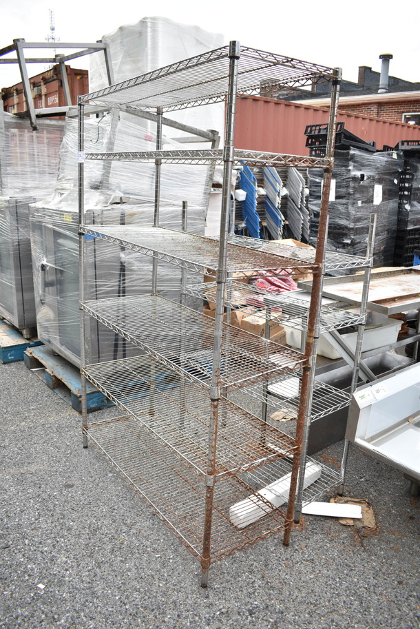 2 Chrome Finish Wire Shelving Units. 6 Tier and 4 Tier. 48x18x72.5, 36x14x55.5. 2 Times Your Bid! BUYER MUST DISMANTLE. PCI CANNOT DISMANTLE FOR SHIPPING. PLEASE CONSIDER FREIGHT CHARGES. - Image 2 of 5