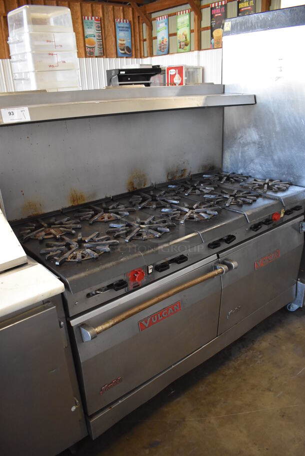 Vulcan Snorkel Stainless Steel Commercial Natural Gas Powered 10 Burner Range w/ 2 Convection Ovens, Over Shelf and Back Splash on Commercial Casters. 60x32x60 - Image 5 of 8
