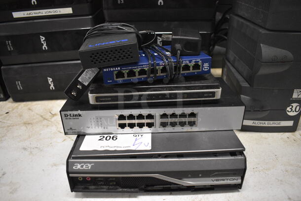 5 Various Items; Acer Veriton Unit, D Link 10/100 Switch, DES-1108 Ethernet Switch, Netgear ProSafe Switch and Linksys SE3005 Ethernet Switch. Includes 11x5x1.5. 5 Times Your Bid!