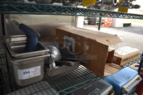 ALL ONE MONEY! Tier Lot of Various Items Including Stainless Steel Drop In Bins and Plastic Wrap Roll