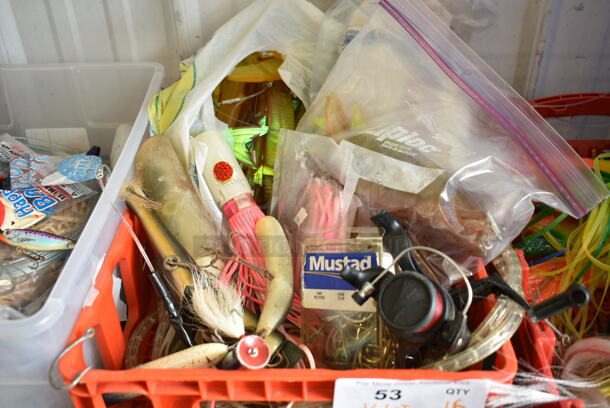 ALL ONE MONEY! Bin of Various Items Including Reel, Hooks and Fishing Lures - Image 1 of 8