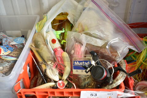 ALL ONE MONEY! Bin of Various Items Including Reel, Hooks and Fishing Lures