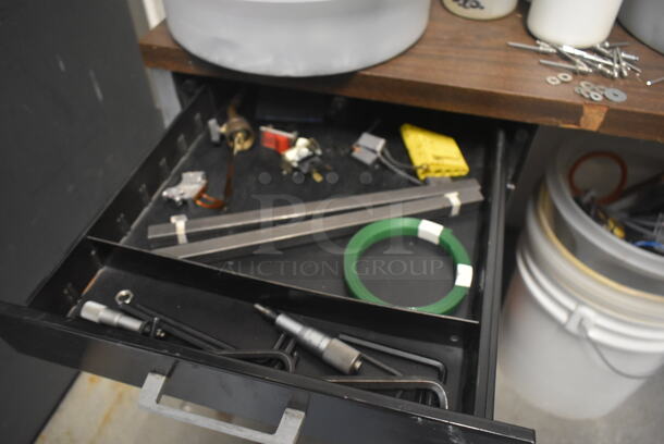 Black Metal Desk w/ Wood Pattern Desktop and Contents Including Bottles, Screws. Includes 30x60x30. BUYER MUST REMOVE. - Image 5 of 12