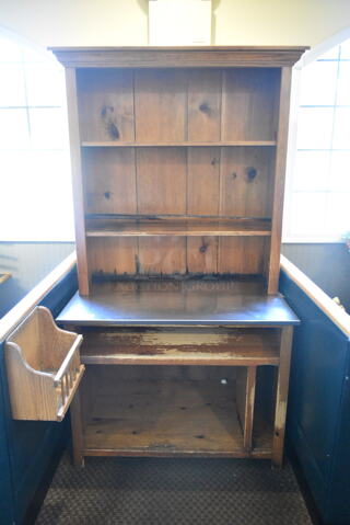 Wooden Table w/ Bookshelf. BUYER MUST REMOVE: Bring Tools and Manpower Needed To Remove This Item. (booth room) 