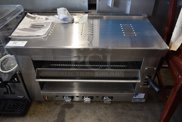 BRAND NEW SCRATCH AND DENT! 2022 Cooking Performance Group CPG 351S36SBN Stainless Steel Commercial Natural Gas Powered Salamander Broiler Cheese Melter. 36,000 BTU.