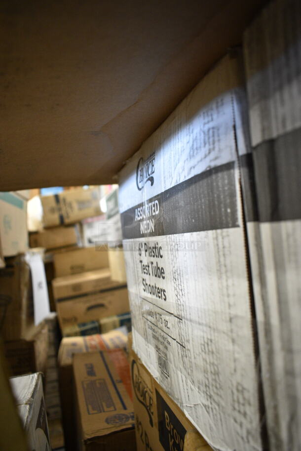 PALLET LOT of 30 BRAND NEW Boxes Including 3 Box 795PTOKFT1 Choice 4 5/8" x 3 1/2" x 2 1/2" Kraft Microwavable Folded Paper #1 Take-Out Container - 450/Case, 2 Choice Deli Container Lids, 280SHOOTNEON Choice 5 5/8" Neon Plastic Test Tube Shot / Shooter with Assorted Colors - 1000/Case, 164UMBAL06TC Umbrella, 612527PCO Choice 7" Round Standard Weight Foil Take-Out Pan with Dome Lid - 200/Case, Strawberry Street Dinner Set, 164IMBSS75CM Umbrella. 30 Times Your Bid!  - Image 11 of 12