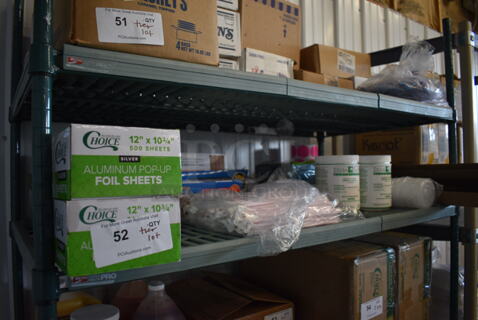 ALL ONE MONEY! Tier Lot of 6 Boxes of Choice Aluminum Foil Sheets, Straws, Change Wrappers, Stera Sheen Sanitizer and Cleaner, Scrubbing Pads