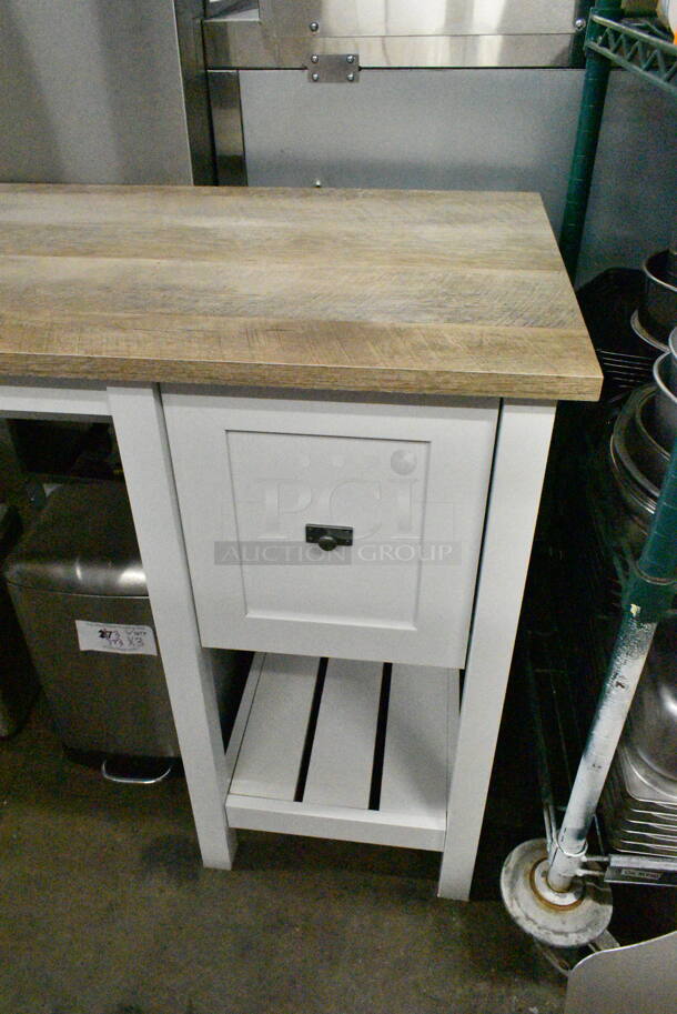 White Wood Pattern Counter w/ Wooden Countertop and 2 Drawers.  - Image 3 of 7