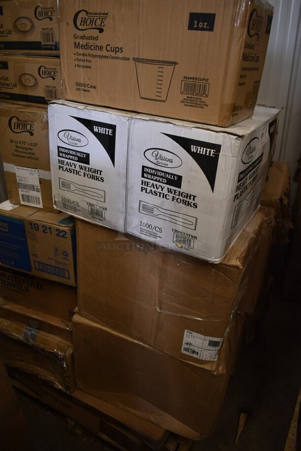 PALLET LOT of 32 BRAND NEW! Boxes Including 2 Box 130HCUTFWR Visions Individually Wrapped White Heavy Weight Plastic Fork - 1000/Case, 2 Box 795KFTL2PE Choice 2 oz. Round PET Take-Out Lid - 1000/Case, Tork 19212 Windshield Paper Towel, 3493030ANT Antique 30