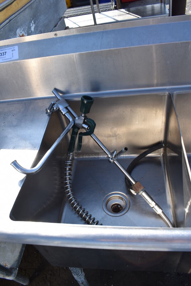 Stainless Steel Commercial 3 Bay Sink w/ Dual Drain Boards, Faucet, Handles and Spray Nozzle Attachment. 90x27x45. Bays 18x21x14. Drain Boards 16x23x1 - Image 6 of 6