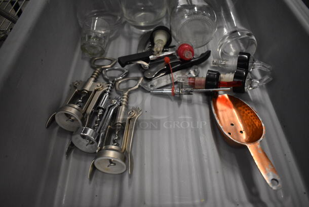 ALL ONE MONEY! Lot of Various Items Including Glasses and Wine Bottle Openers in Gray Poly Bus Bin! - Image 3 of 4