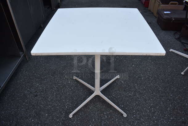 4 White Dining Height Tables on White Table Base. Stock Picture - Cosmetic Condition May Vary. 27.5x27.5x29. 4 Times Your Bid!