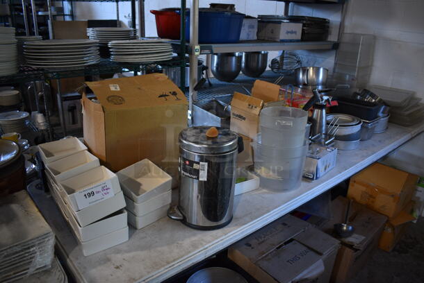 ALL ONE MONEY! Lot of Tabletop Lot of Various Items Including Dishes, Trash Can, Poly Bins, Metal Baking Pans and Metal Baskets. Does Not Include Table.