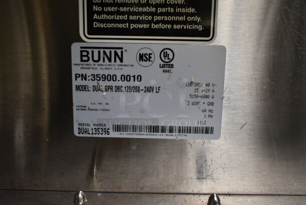 2012 Bunn DUAL GPR DBC Stainless Steel Commercial Countertop Double Coffee Machine w/ Hot Water Dispenser, 2 Metal Coffee Satellites and 2 Metal Brew Baskets. 120/208-240 Volts, 1 Phase. Tested and Working! (ice room) - Image 7 of 8