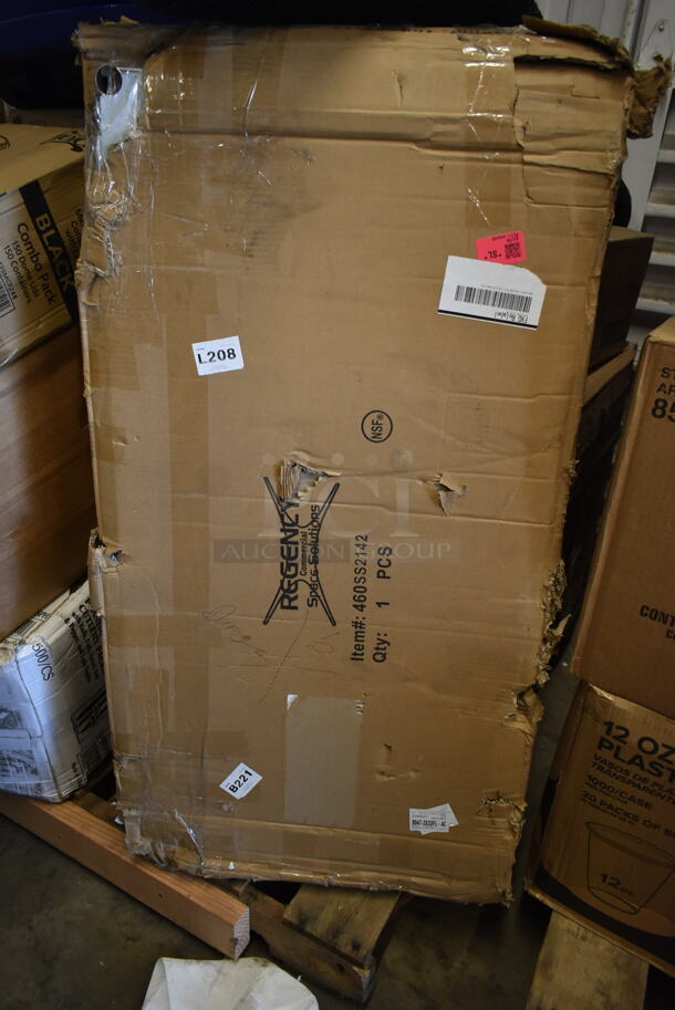 PALLET LOT of 26 BRAND NEW! Boxes Including Regency 460SS2142 Spec Line 21" x 42" NSF Stainless Steel Solid Shelf, 129MCR24B Choice 24 oz. Black Round Microwavable Heavy Weight Container with Lid 7 1/4" - 150/Case, 2 Box Libbey 7505 Vina 18.25 oz. Customizable Balloon Wine / Cocktail Glass - 12/Case, 2 Box Choice Medium Weight White Plastic Soup Spoon - 1000/Case, 130BKFSH Visions Wrapped Black Heavy Weight Plastic Cutlery Pack, 84891005127 Globe Industrial Matte Black Hardwire Pendant Light. 26 Times Your Bid! - Image 2 of 10
