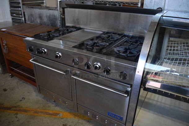 Viking Stainless Steel Commercial Natural Gas Powered 6 Burner Range w/ Center Flat Top Griddle, 2 Ovens and Backsplash. 48x30x50 - Image 5 of 8