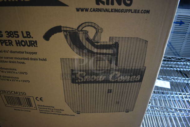 BRAND NEW IN BOX! Carnival King Model 382SCM250 Metal Commercial Countertop Snow Cone Ice Crusher Machine. 120 Volts, 1 Phase. 