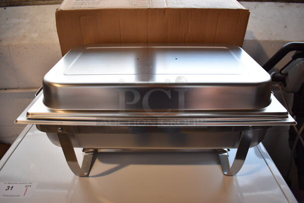 6 BRAND NEW IN BOX! Choice Stainless Steel 8 Quart Full Size Chafing Dish w/ Folding Frame, Drop In and Lid. 21x13x9. 6 Times Your Bid!
