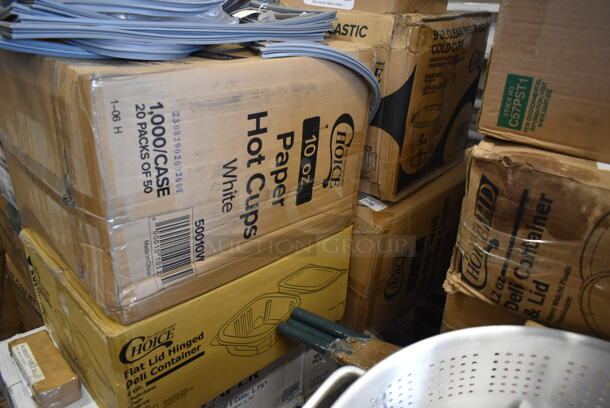 PALLET LOT of 35 BRAND NEW! Boxes Including 2 Box 5002TPSELHC Lavex Select Toilet Paper, 2 Choice 0.75 oz Portion Cups, 500CC12 Choice Clear PET Customizable Plastic Cold Cup - 12 oz. - 1000/Case, Foam Hinged Lid Containers, 612509LCO Choice 9" Round Standard Weight Foil Take-Out Pan with Board Lid - 200/Case, 130HKCL1M Visions Clear Heavy Weight Plastic Knife - Case of 1000, 395TO961 EcoChoice 9" x 6" x 3" Compostable Sugarcane / Bagasse 1 Compartment Take-Out Container - 200/Case, 124EM199 American Metalcraft 1" Stainless Steel Number Mini Table Tents - 1 to 99, Choice Flat Lid Hinged Deli Container, 1330DSSUF Plastic Deli Saddle Bag, Ziploc Sacs. 35 Times Your Bid! - Image 5 of 7