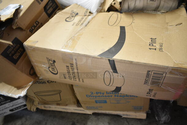PALLET LOT of 20 BRAND NEW Boxes Including 394345XL Noble NexGen Powder-Free Disposable Black Hybrid 3 Mil Thick Gloves XL, 760IC16WPA Choice 1 Pint White Paper Double-Wall Frozen Yogurt / Food Cup with Paper Lid, Choice 4 oz Portion Cups, 966UPWIDEKFT OneUp by Choice Kraft 2-Ply Wide Interfold 6 1/2" x 8 1/2" Dispenser Napkin - 6000/Case, 47RP7BKSS Visions Wave 7" Round Plates. 20 Times Your Bid!  - Image 4 of 9