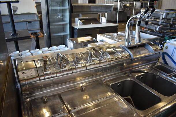 ANTIQUE! Fischman Stainless Steel Commercial Prep Station w/ 2 Hinge Doors, 5 Pumps in Bar Topping Rail, 2 Sink Basins. Does Not Have Compressor. 57x32x56. Bays 10x14x10 - Image 4 of 9